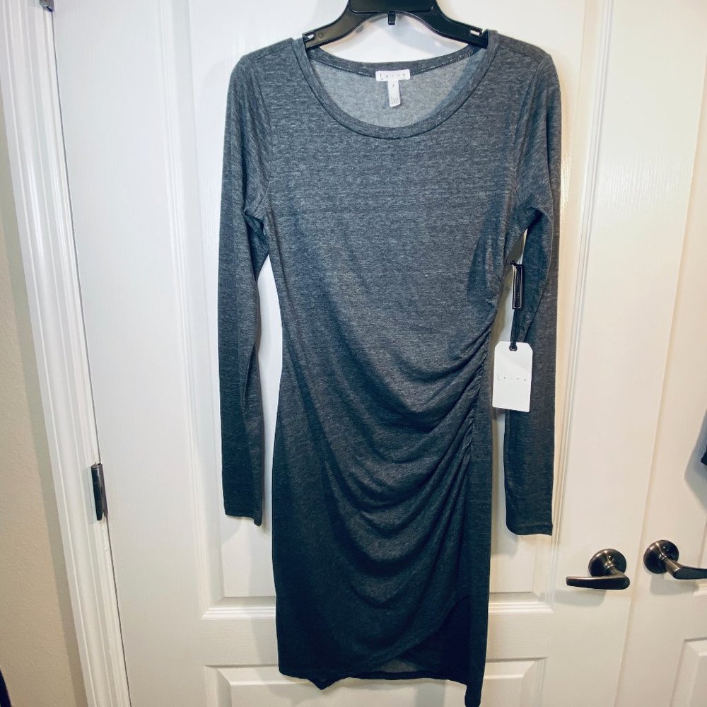 Leith Rouched Long Sleeve Dress, Charcoal gray, NWT Size MED